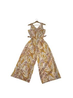 Dalia Tropical Palm Print Wide Leg Jumpsuit Tie Waist V Neck Resort S